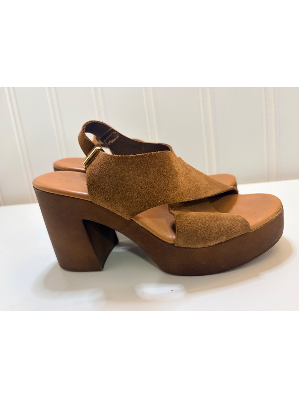 Italian Made Brown Suede Criss Cross Slingback Platform Block Heel Sandals